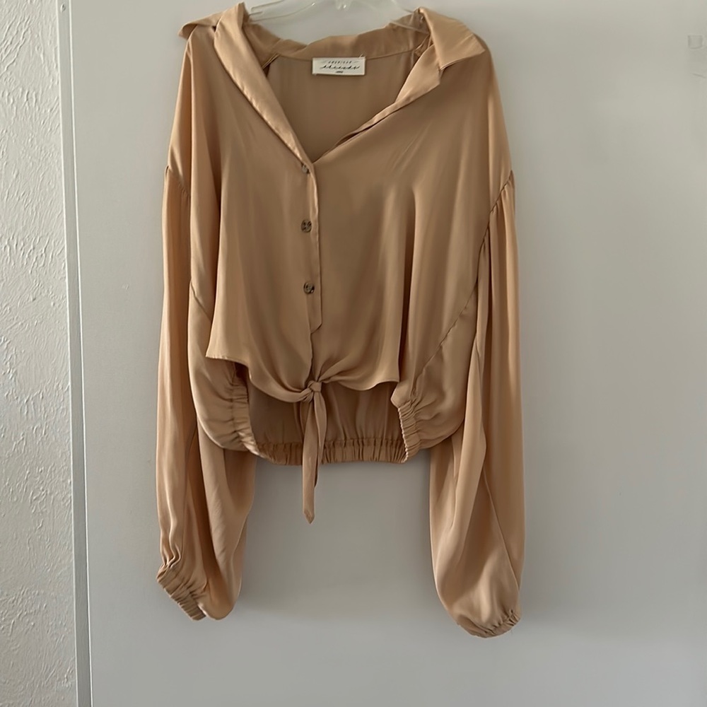 Gold tie front satin long sleeve blouse